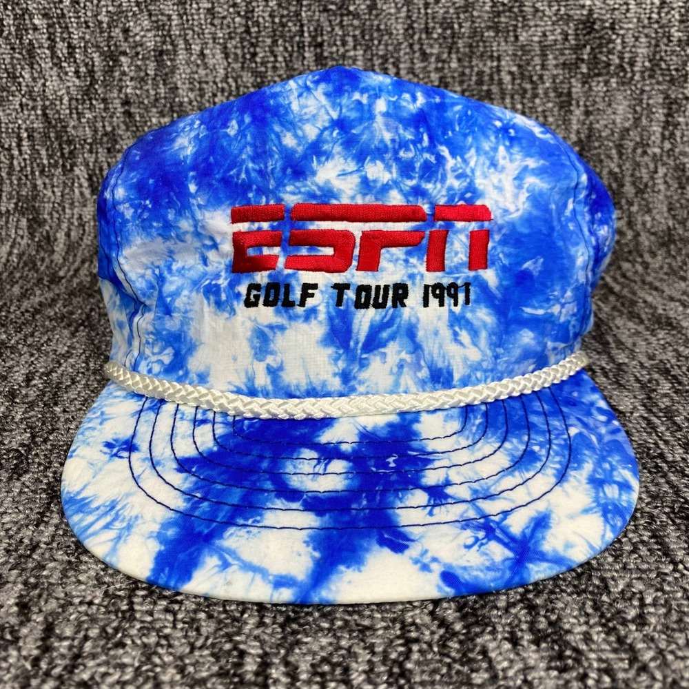 Vintage 1991 ESPN Golf Tour Tie Dye Rope Hat Snapback Cap San Sun 90s Blue